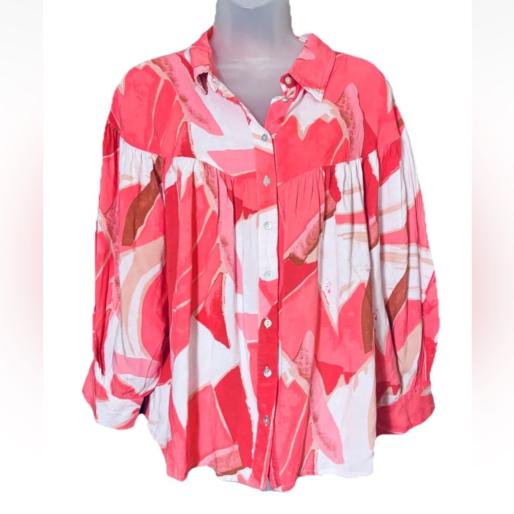 Entro Boutique Bubble Sleeve Button Front Coral Print Resort Blouse Women’s M
